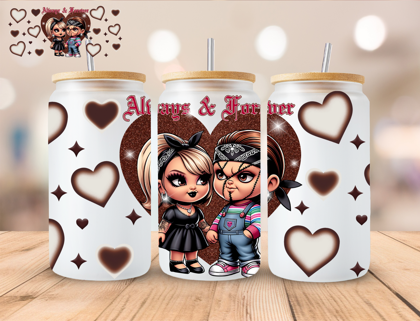 Always And Forever Horror Couple - 16 oz / 20 oz Libby UV DTF Wrap EXCLUSIVE DESIGN