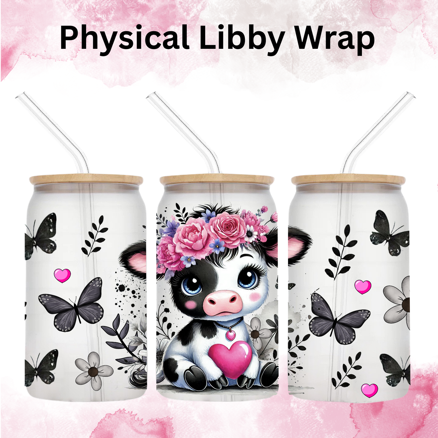 Valentines Pink Heart Cow - 16 oz / 20 oz Libby UV DTF