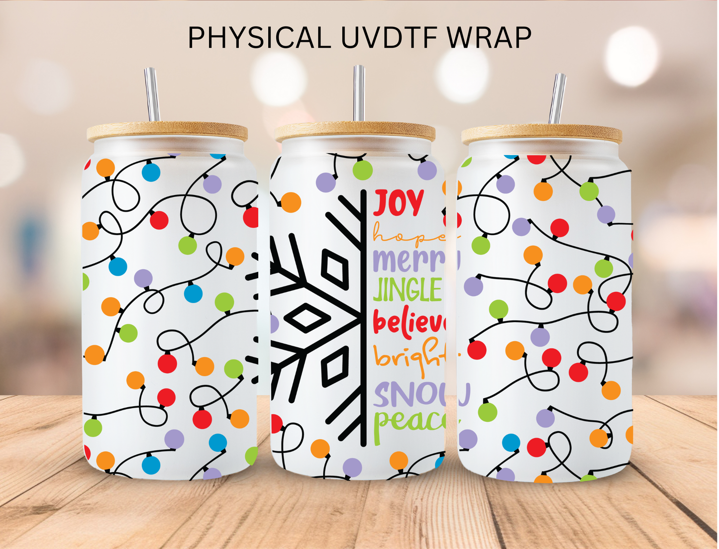 Christmas Lights And Snowflakes - 16 oz / 20 oz Libby UV DTF Wrap