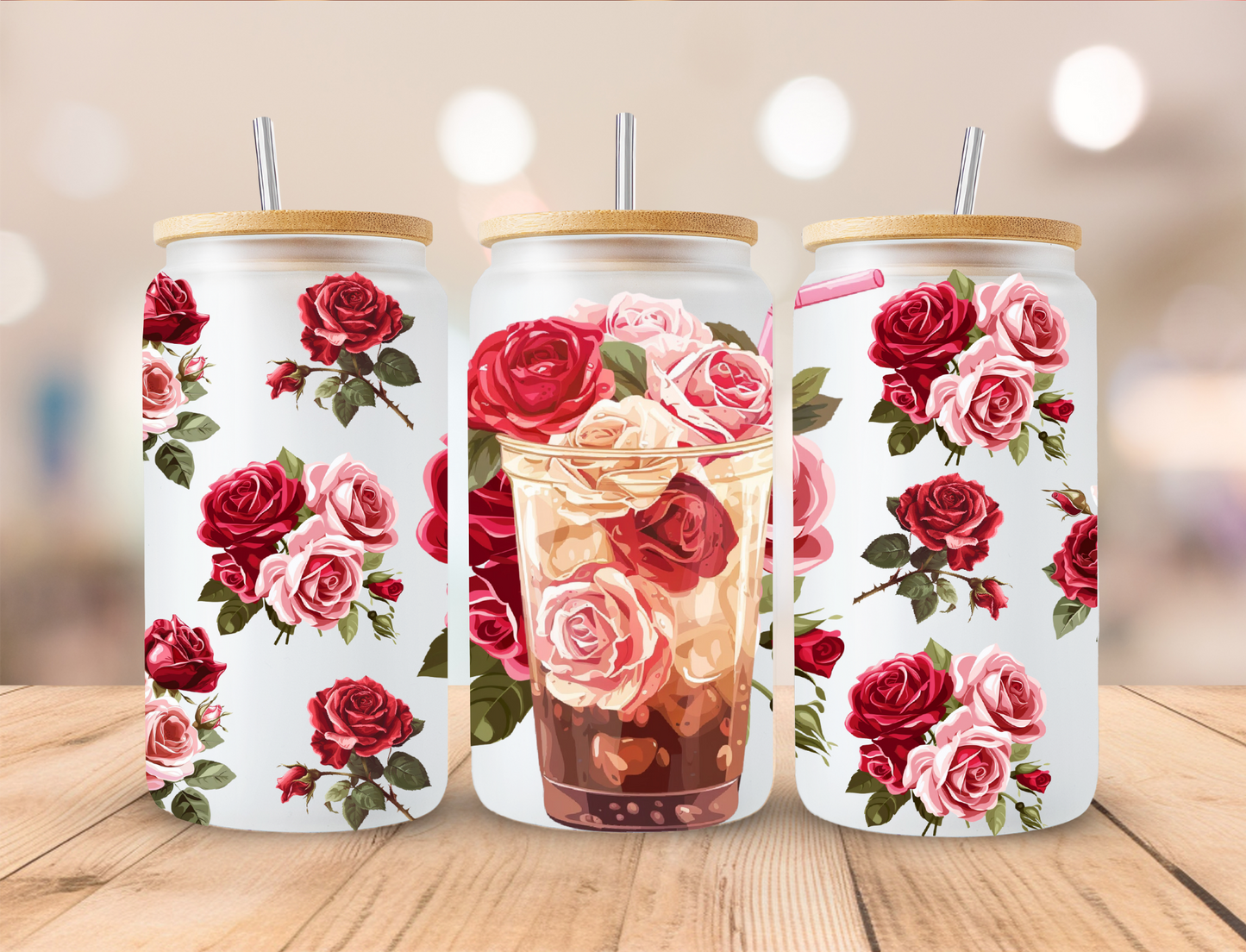 Iced Coffee Multi Roses - 16 oz / 20 oz Libby UV DTF Wrap