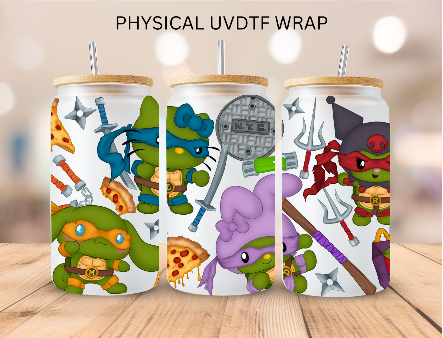 Kitty Fighting Turtles - 16 oz / 20 oz Libby UV DTF Wrap