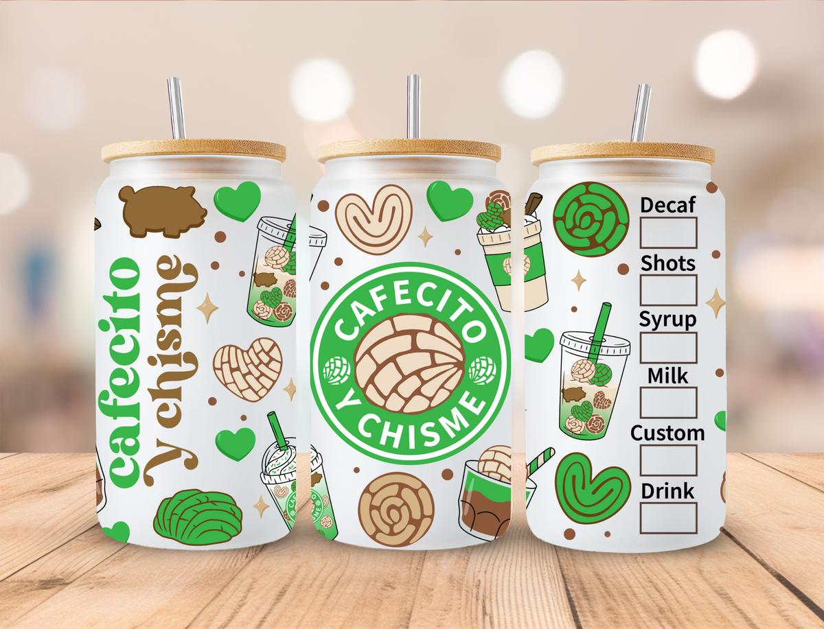Green Cafecito Y Chisme - 16oz/20oz Libby UV DTF Wrap