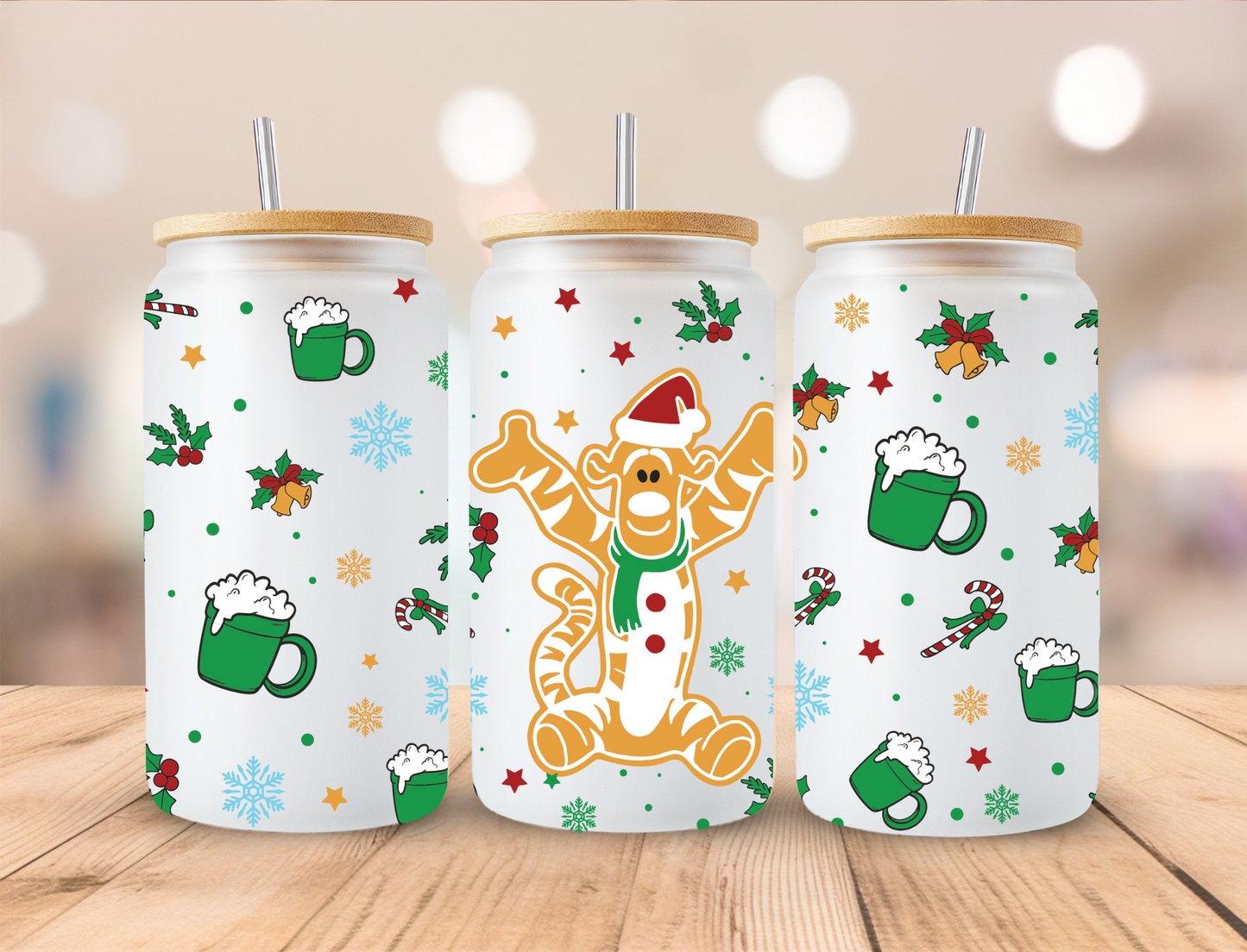 Christmas Cookie Tiger (Green) - 16oz Libby UV DTF Wrap