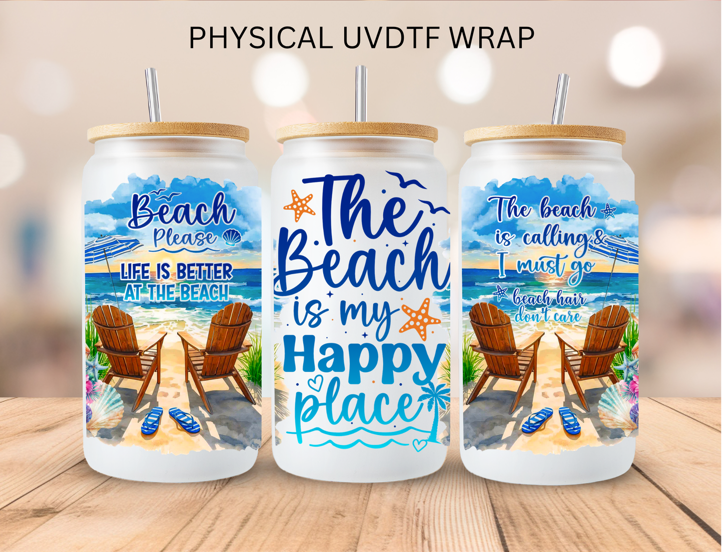 Summer Beach Happy Place - 16 oz / 20 oz Libby UV DTF Wrap
