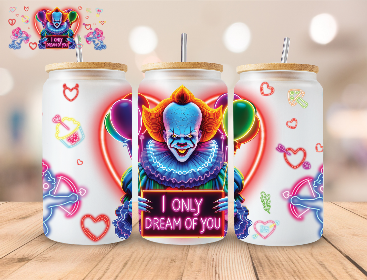 Valentines Clown Horror - 16 oz / 20 oz Libby UV DTF Wrap EXCLUSIVE DESIGN