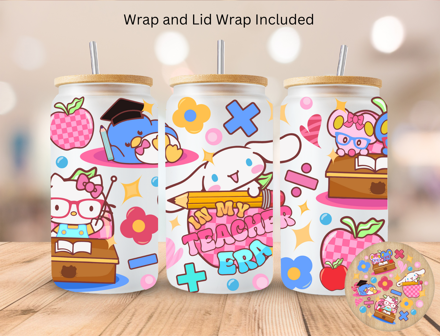 Kitty My Teacher Era - 16 oz / 20 oz Libby UV DTF Wrap and Lid Combo Bundle