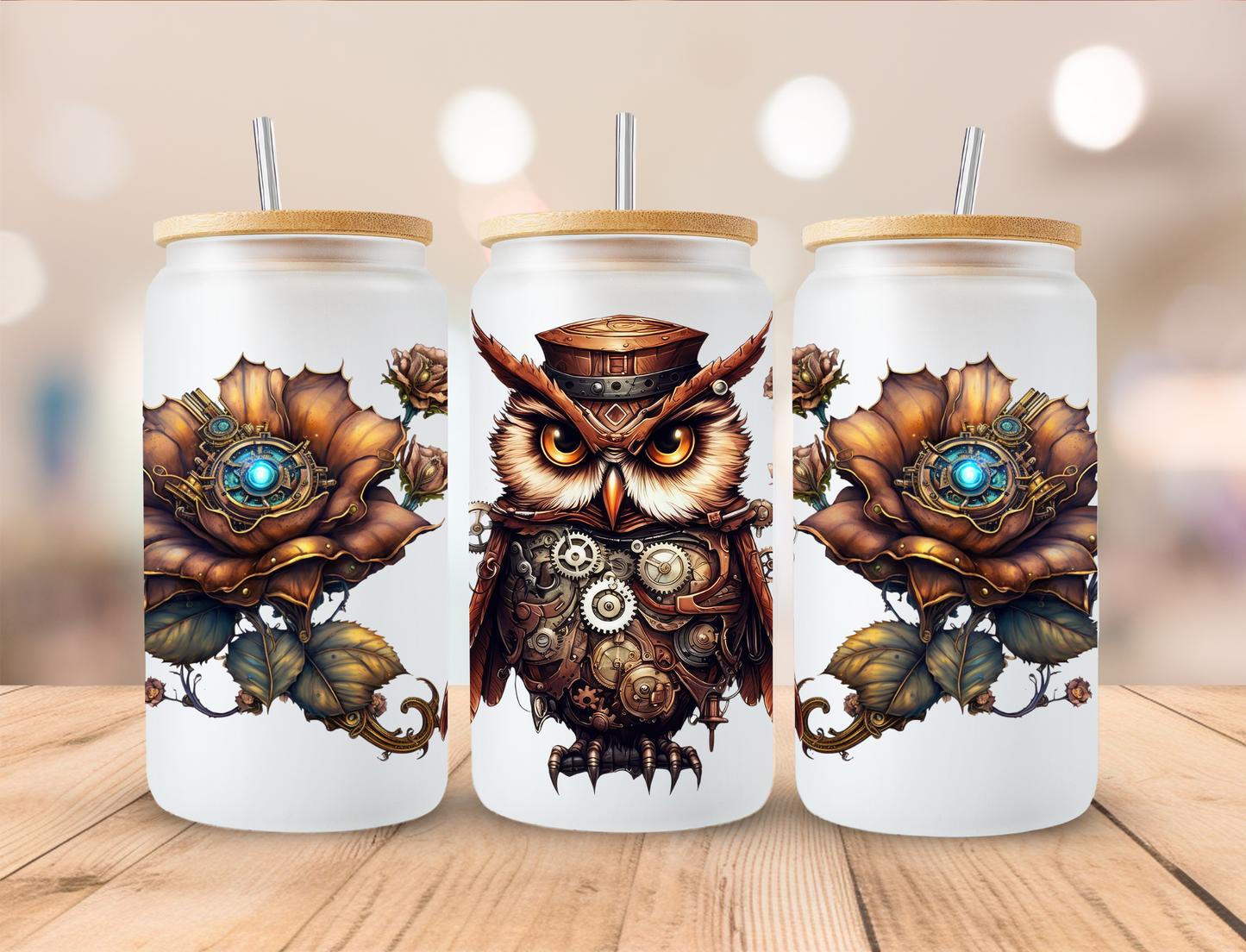 Steampunk Owl - 16 oz / 20 oz Libby UV DTF Wrap