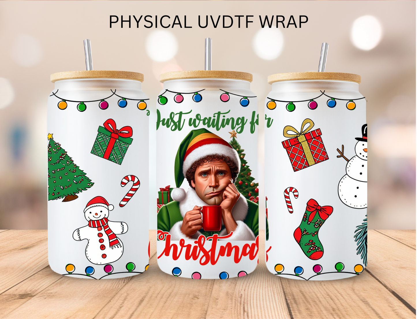 Just Waiting For Christmas Elf - 16 oz / 20 oz Libby UV DTF Wrap