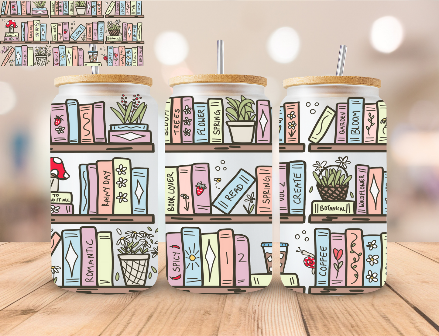 Book Lover Bookshelf - 16 oz / 20 oz Libby UV DTF Wrap