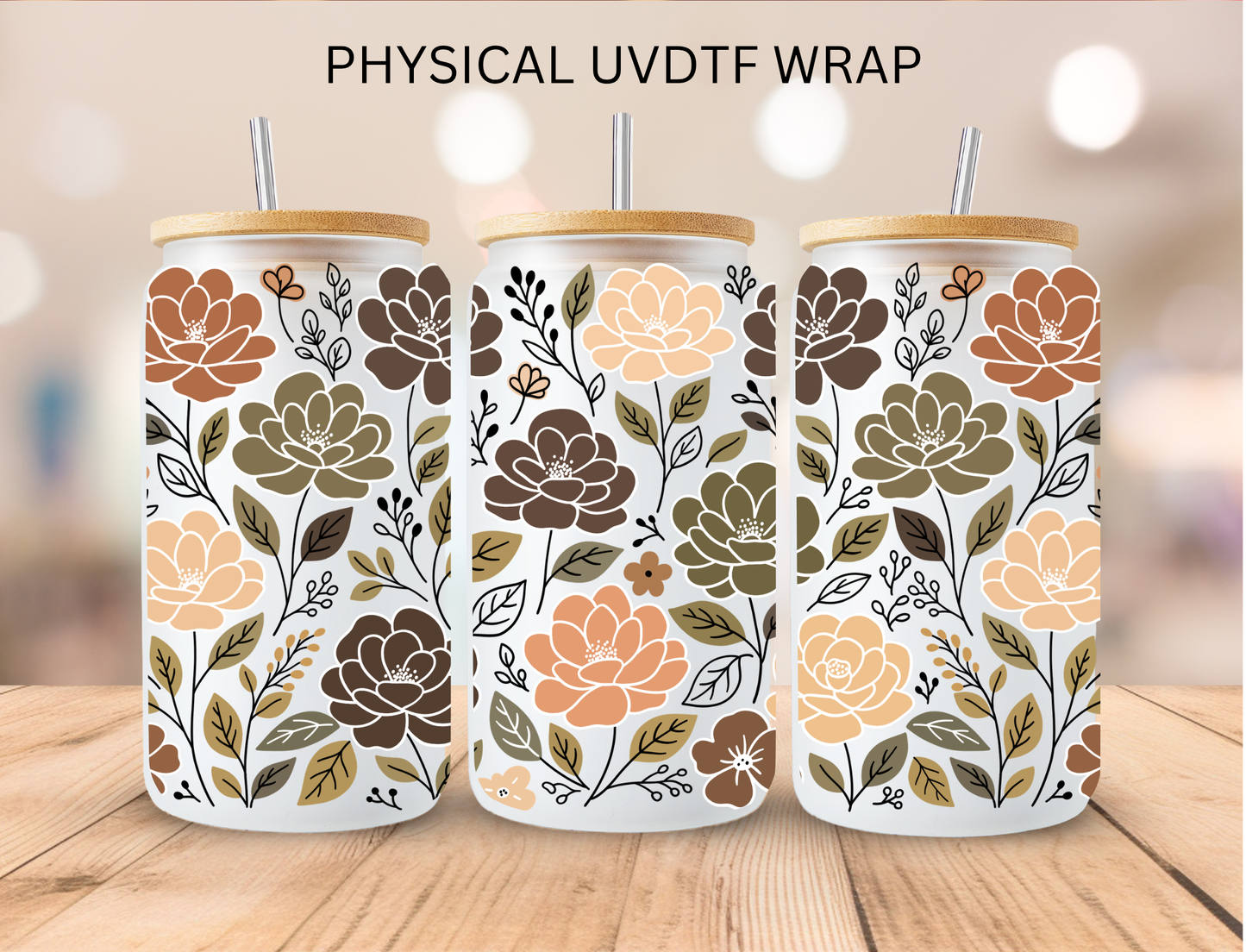 Brown And Green Flowers - 16 oz / 20 oz Libby UV DTF Wrap