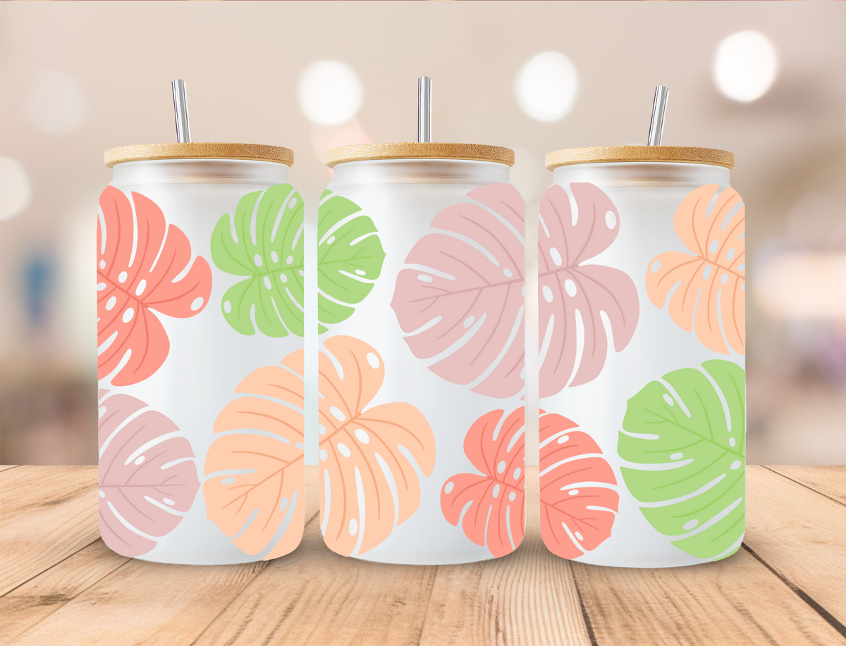 Colorful Monstera Leaves - 16 oz / 20 oz Libby UV DTF Wrap