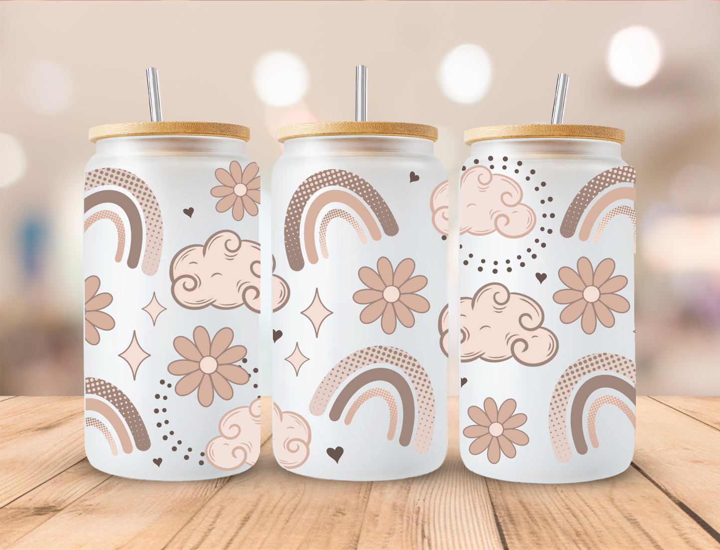 Boho Rainbow and Clouds - 16 oz Libby UV DTF Wrap