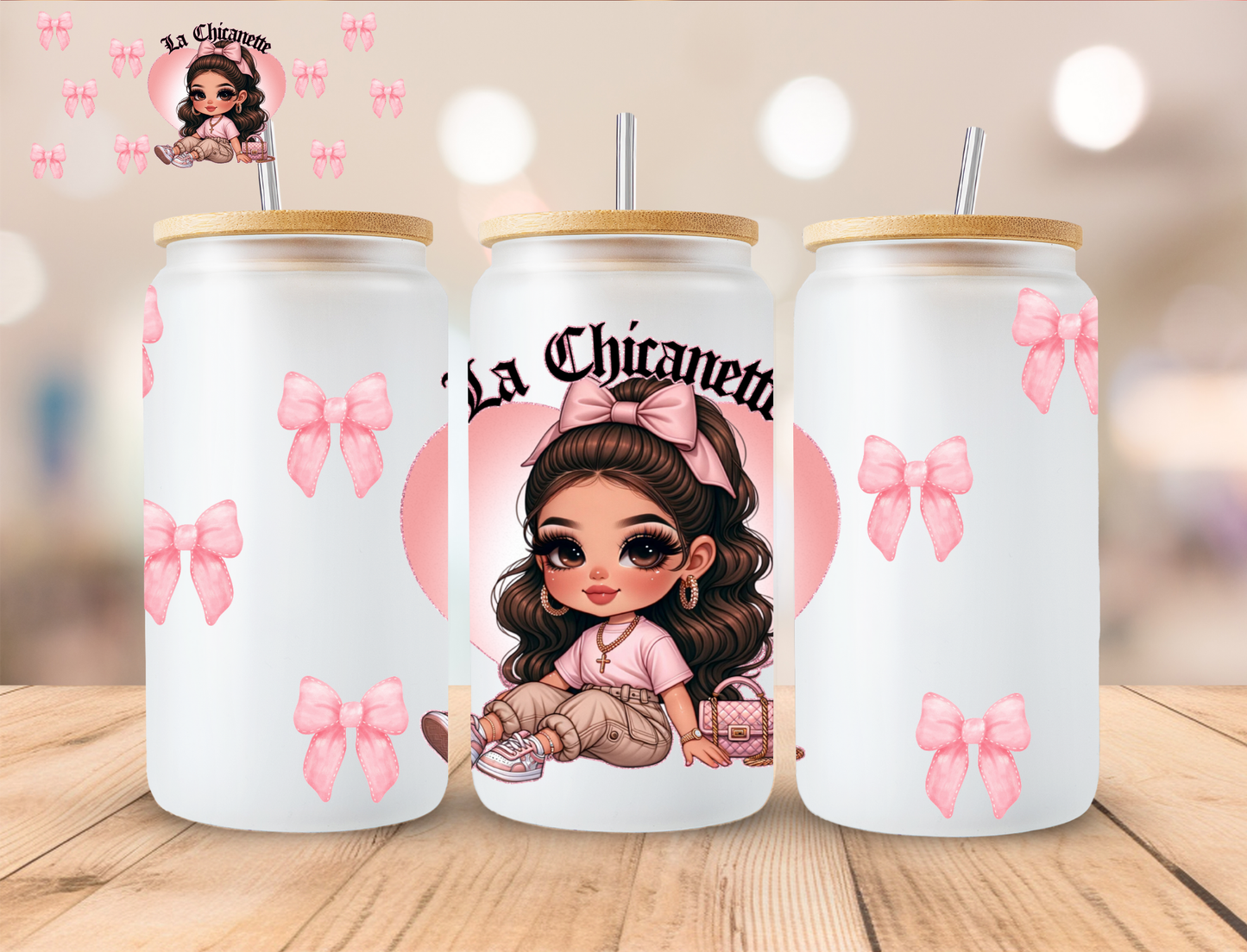 La Chicanette Pink Bows - 16 oz / 20 oz Libby UV DTF Wrap