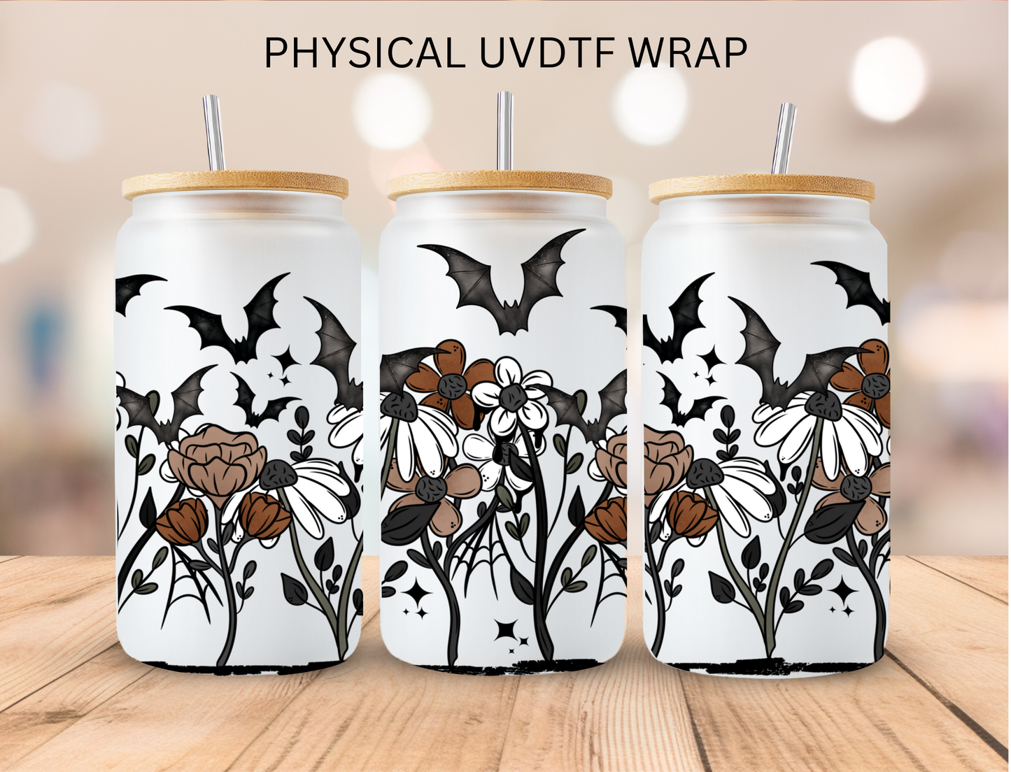Halloween Floral Bats - 16 oz / 20 oz Libby UV DTF Wrap