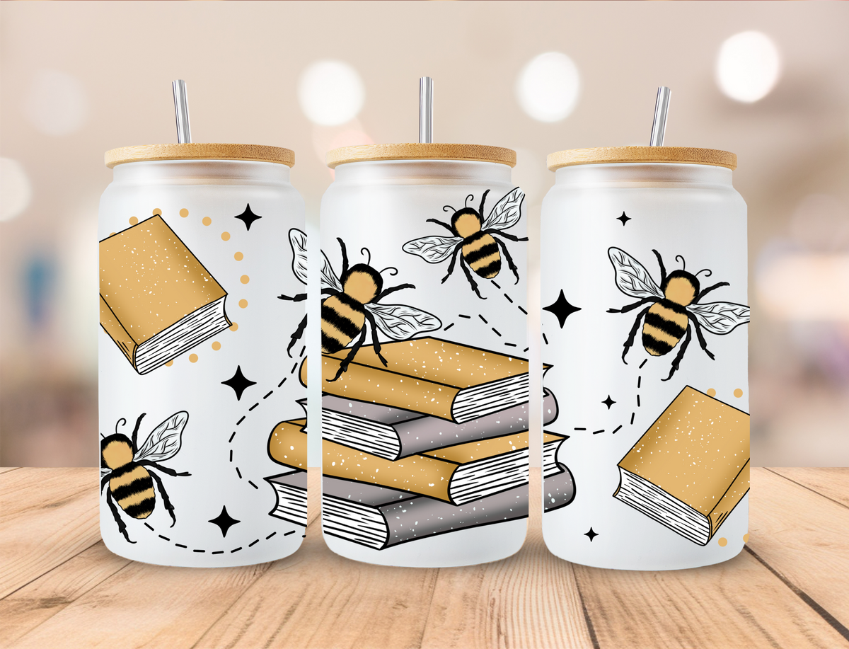 Honeybee Stacked Books - 16 oz Libby UV DTF Wrap EXCLUSIVE DESIGNED