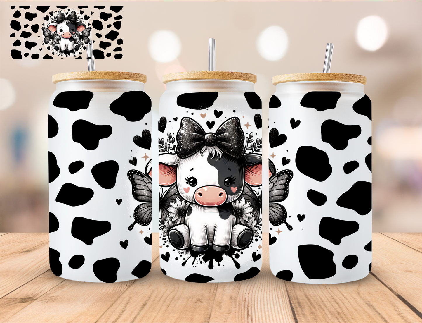 Floral Cow - 16 oz / 20 oz Libby UV DTF Wrap