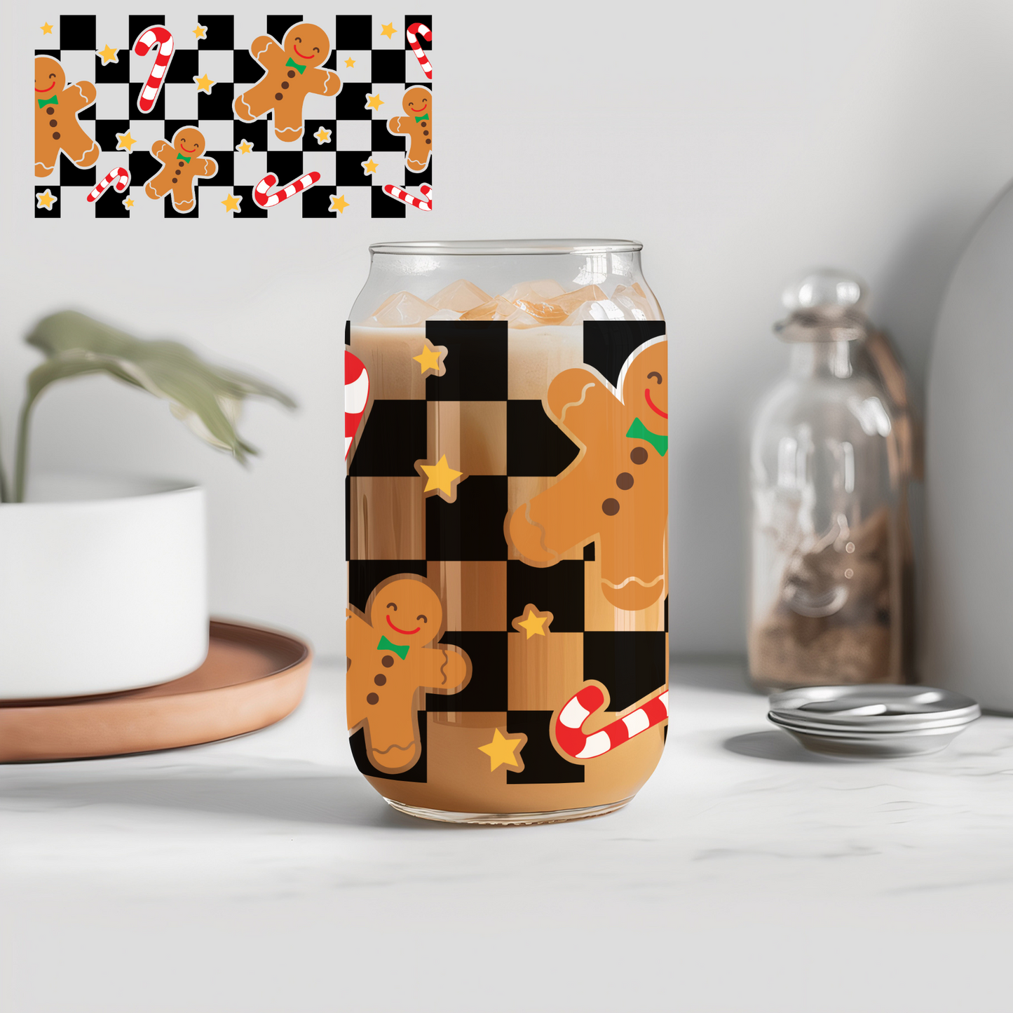 Christmas Checkered Gingerbread - 16 oz Libby UV DTF Wrap