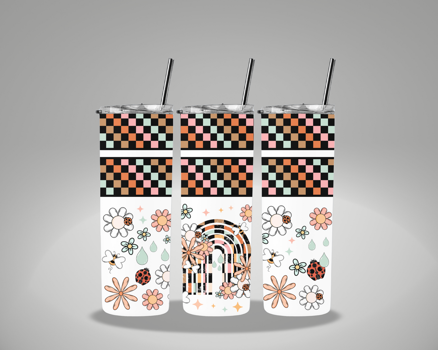 Checkered Floral Rainbow - 20oz Skinny Tumbler Wrap CERRAS EXCLUSIVE