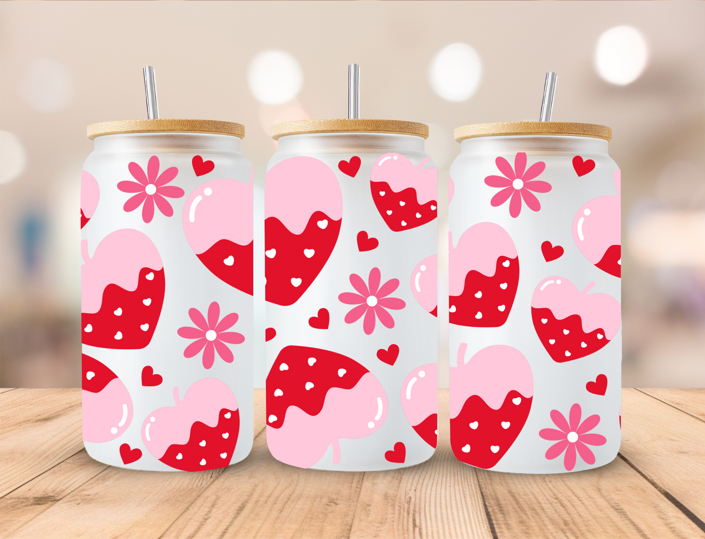 Valentines Pink Iced Hearts - 16 oz / 20 oz Libby UV DTF Wrap