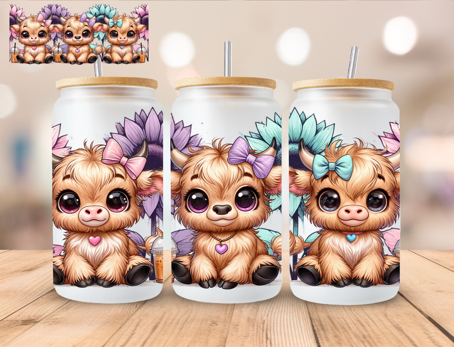 Purple And Blue Floral Cows - 16 oz / 20 oz Libby UV DTF Wrap