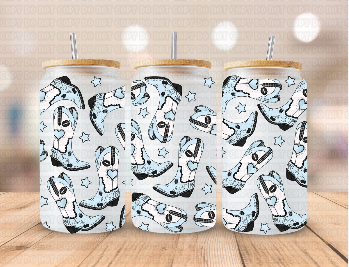 Christmas Winter Blue Cowgirl Boots - 16 oz / 20 oz Libby UV DTF Wrap