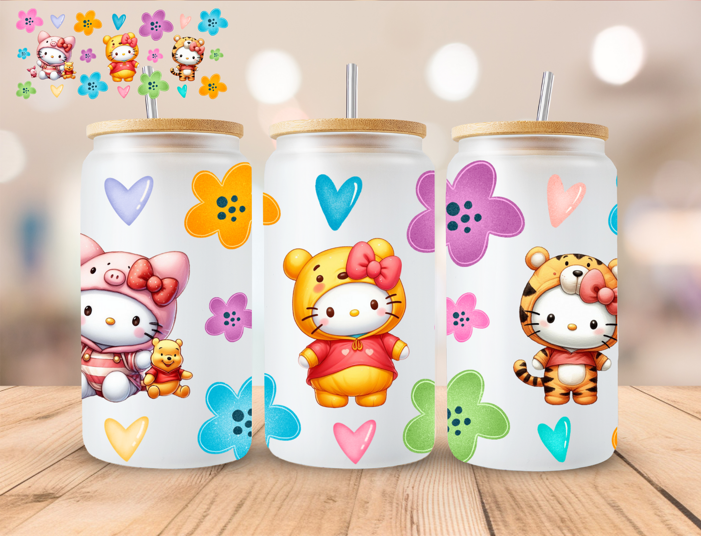 Kitty Bear And Friends Coffee - 16 oz / 20 oz Libby UV DTF Wrap