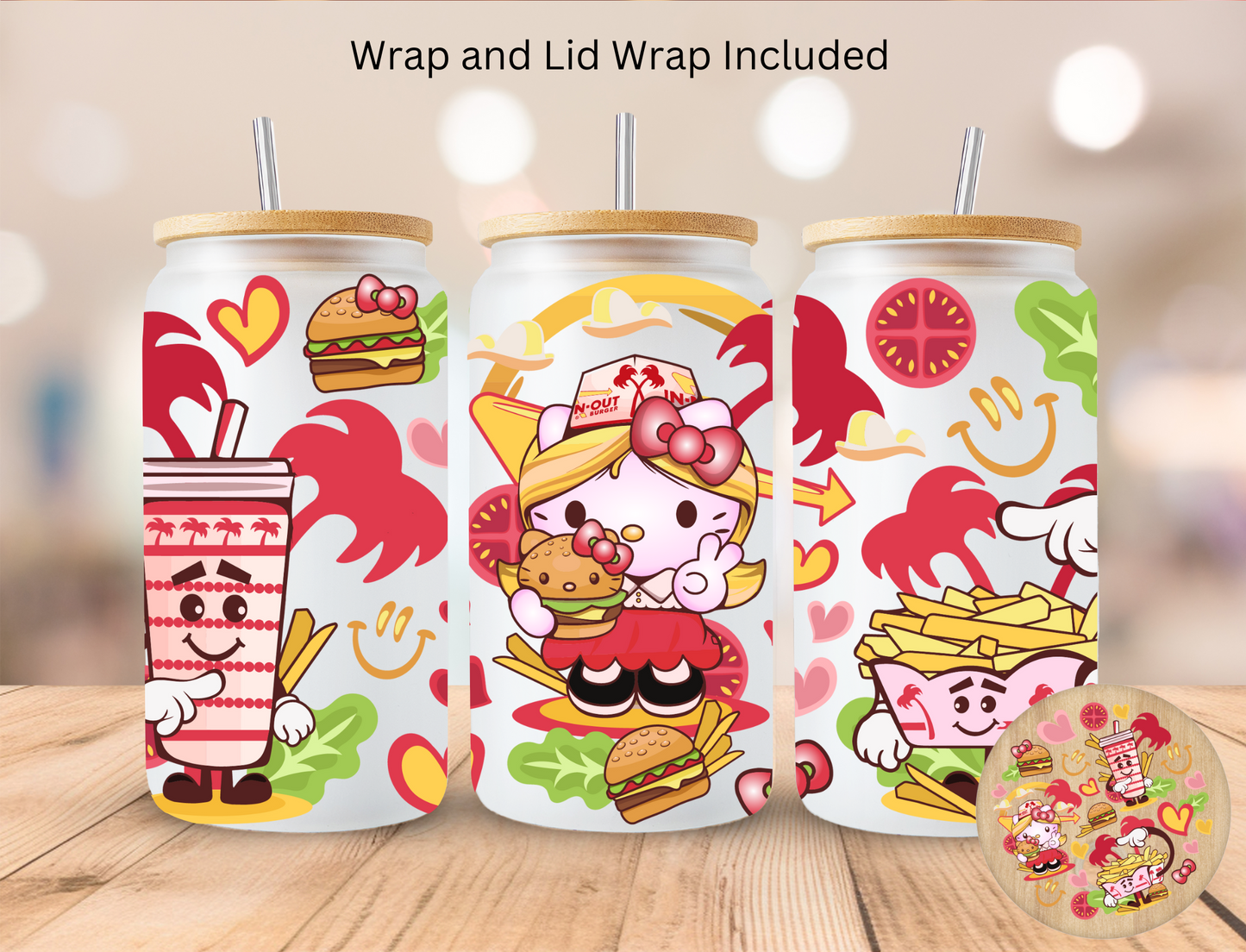 Kitty Fast Food - 16 oz / 20 oz Libby UV DTF Wrap and Lid Combo Bundle