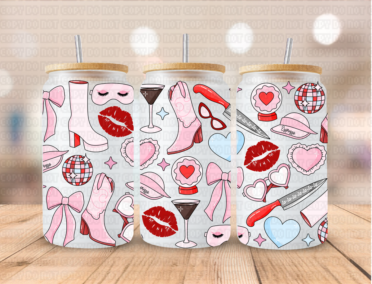 Valentines Disco Ball Lips Cowgirl Boots - 16 oz / 20 oz Libby UV DTF Wrap