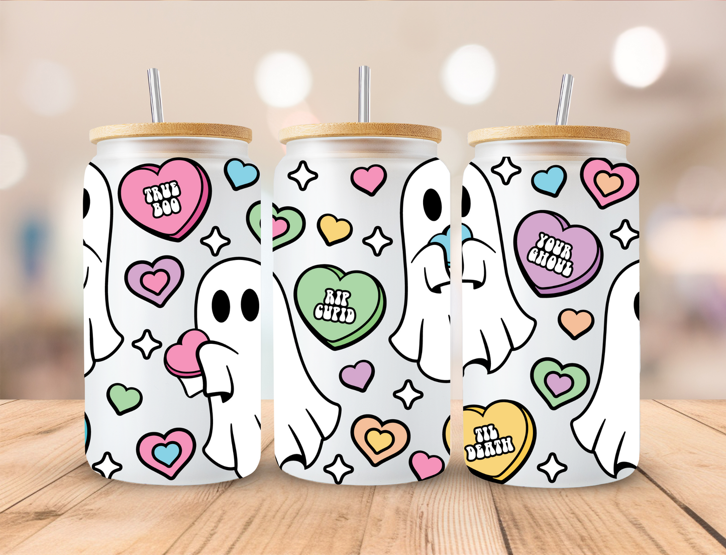 Valentines Heart Candy Ghosts - 16 oz / 20 oz Libby UV DTF Wrap