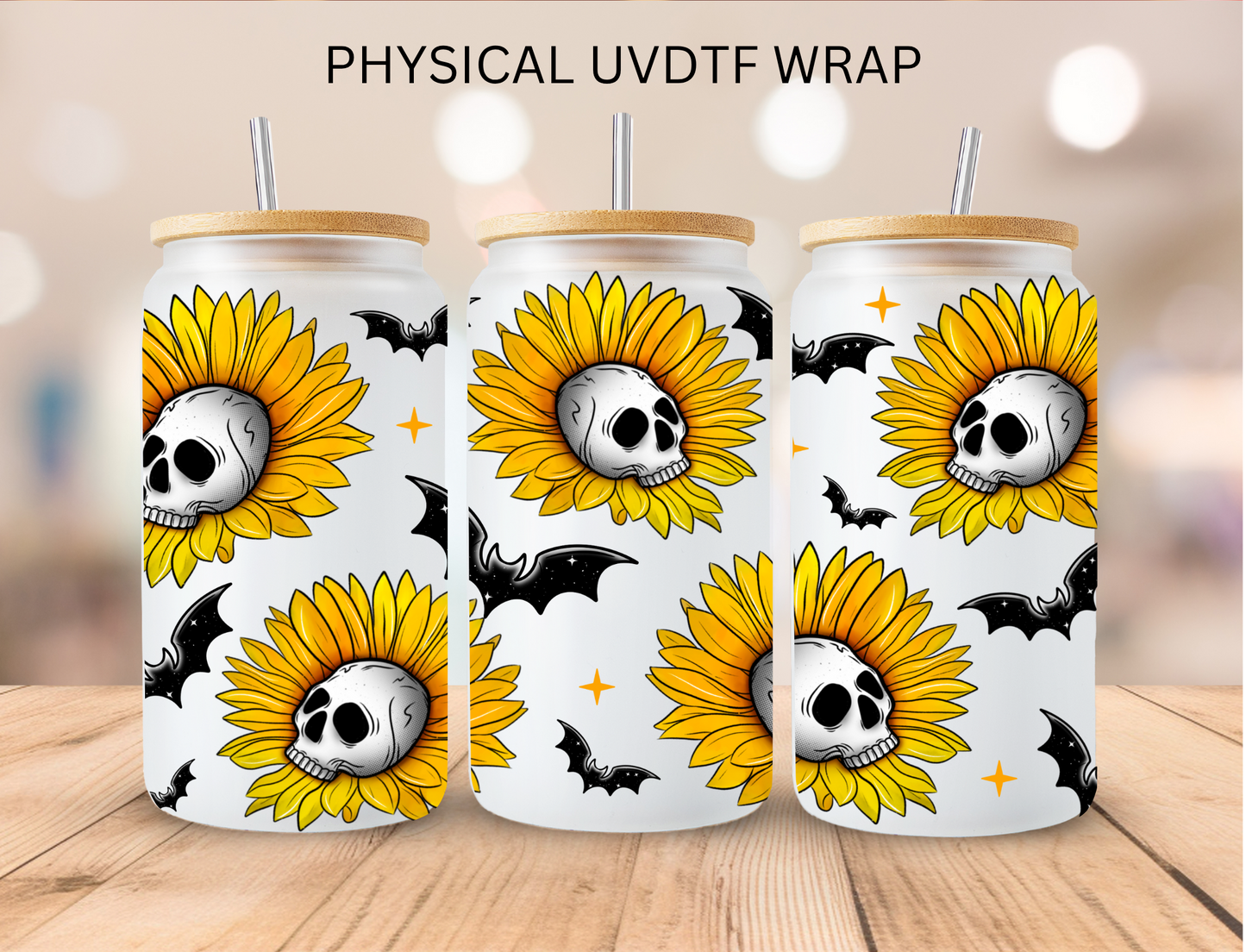 Halloween Skeleton Sunflowers - 16 oz / 20 oz Libby UV DTF Wrap