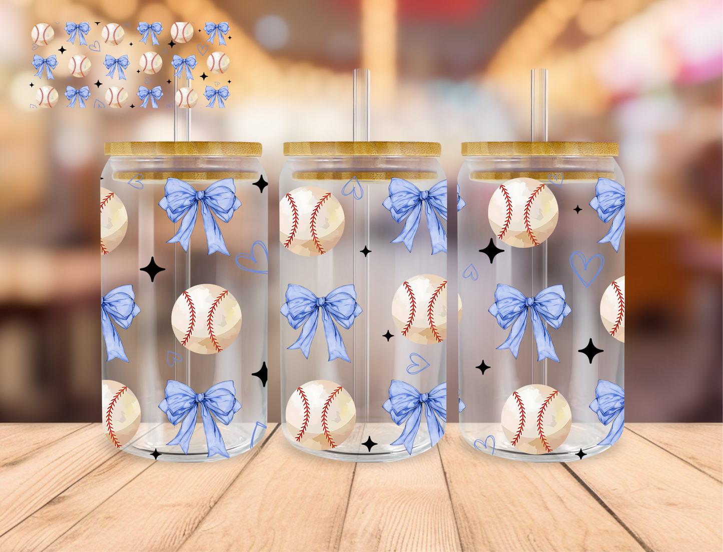 Baseball And Coquette Bows - 16 oz / 20 oz Libby UV DTF Wrap