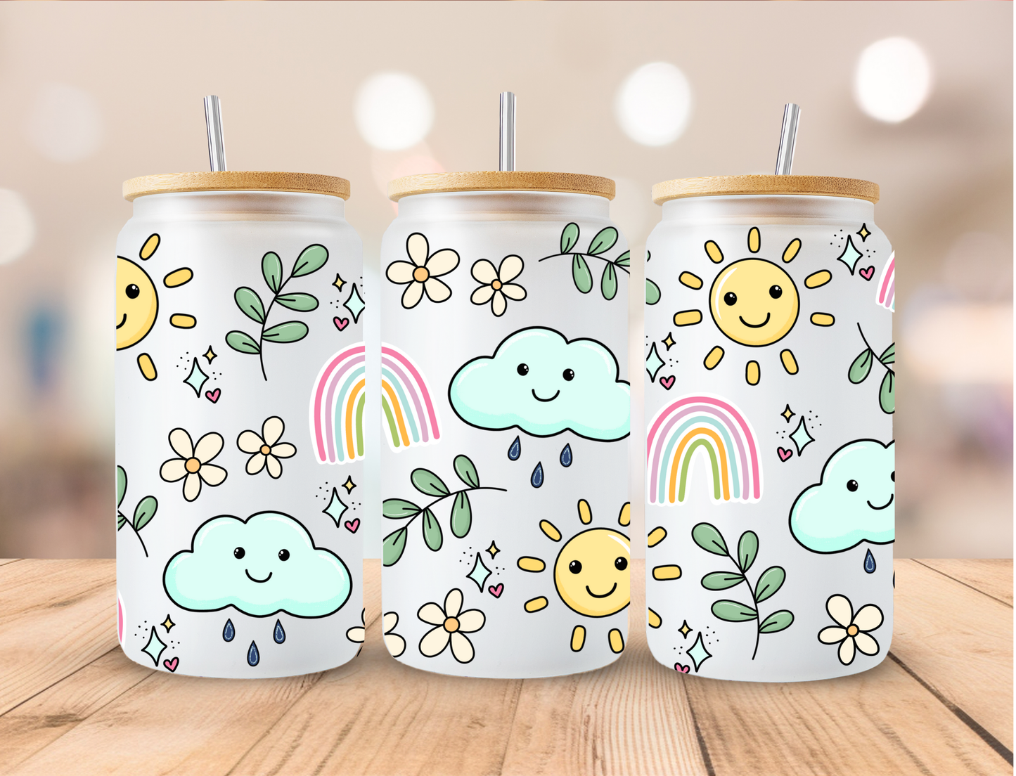 Sunshine Rainbow Clouds - 16 oz / 20 oz Libby UV DTF Wrap