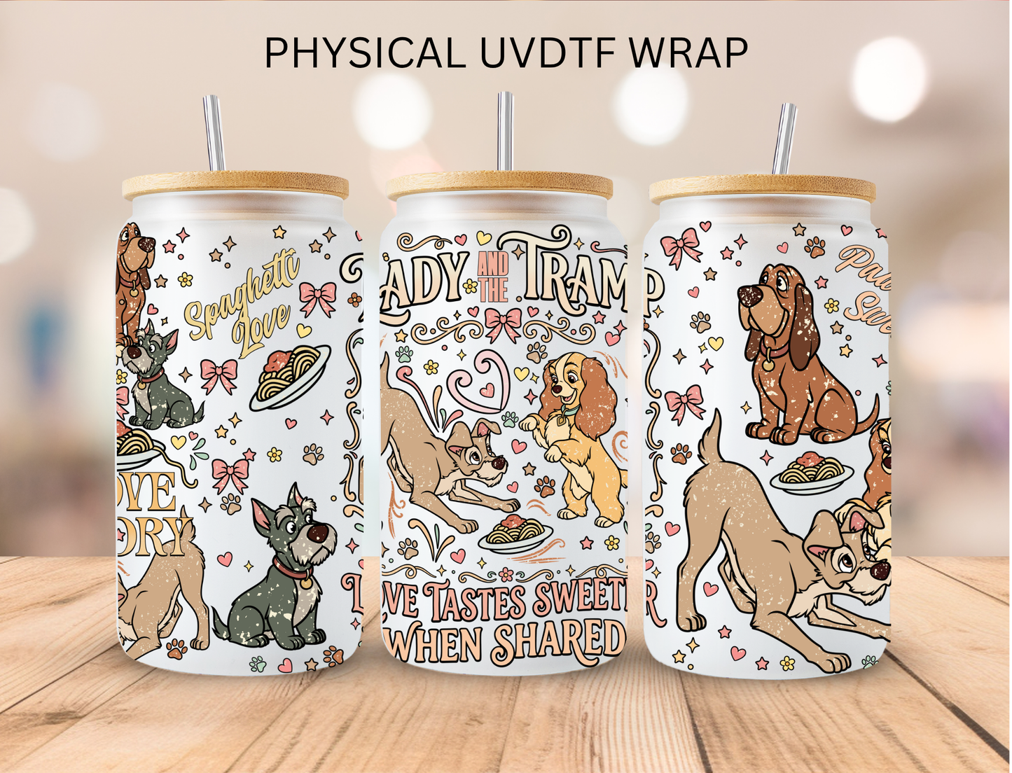 Watercolor Lady And The Tramp - 16 oz / 20 oz Libby UV DTF Wrap