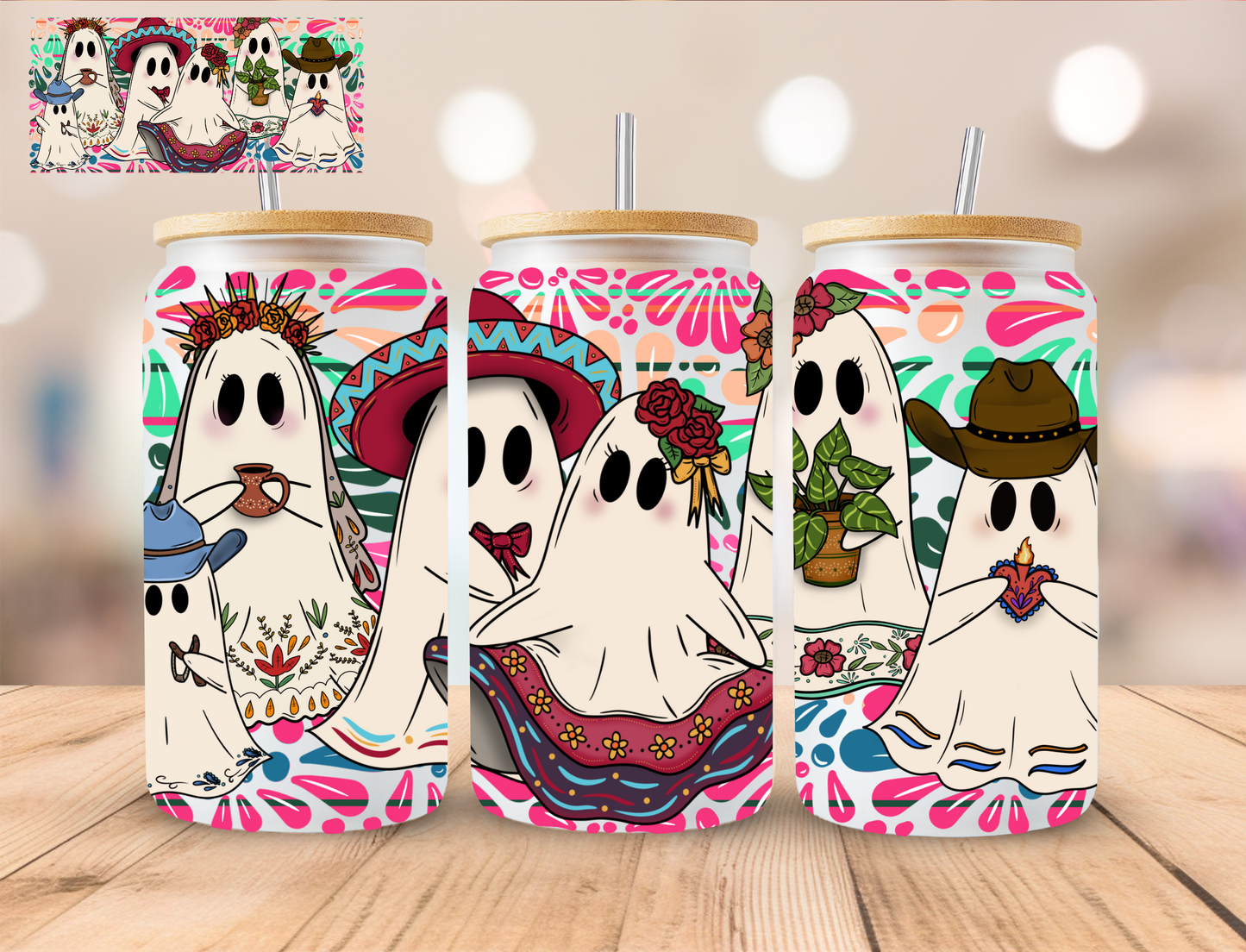 Halloween Hispanic Ghosts - 16 oz / 20 oz Libby UV DTF Wrap
