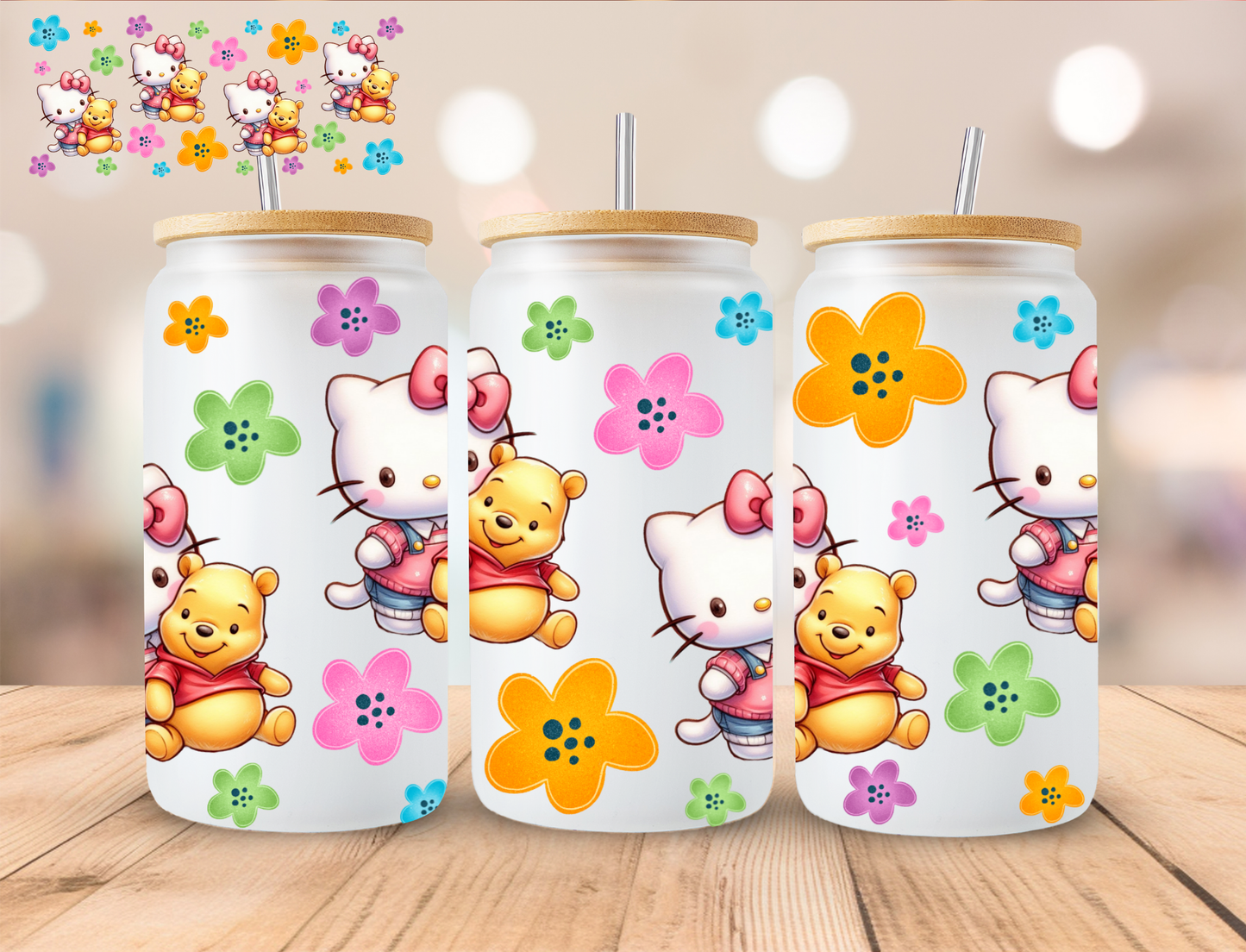 Kitty And Bear Floral - 16 oz / 20 oz Libby UV DTF Wrap