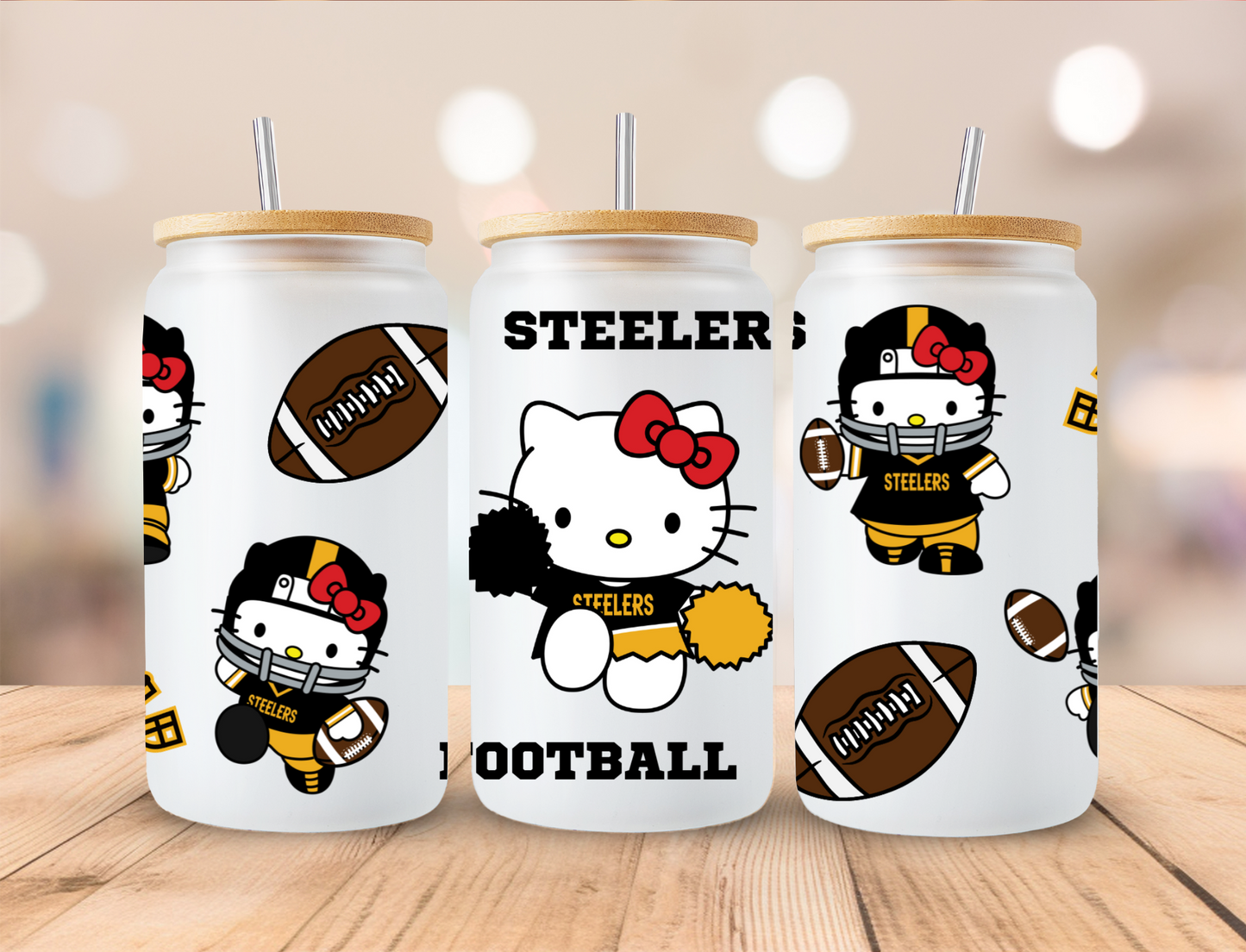 Football Steelers Kitty - 16 oz / 20 oz Libby UV DTF Wrap