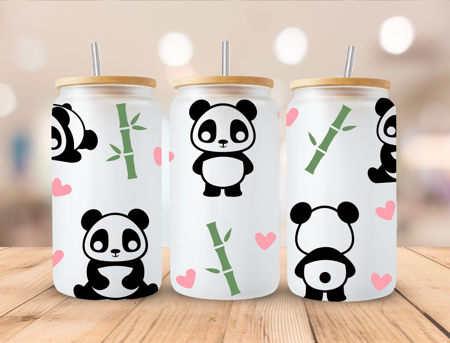 Panda Bear And Hearts - 16 oz / 20 oz Libby UV DTF Wrap