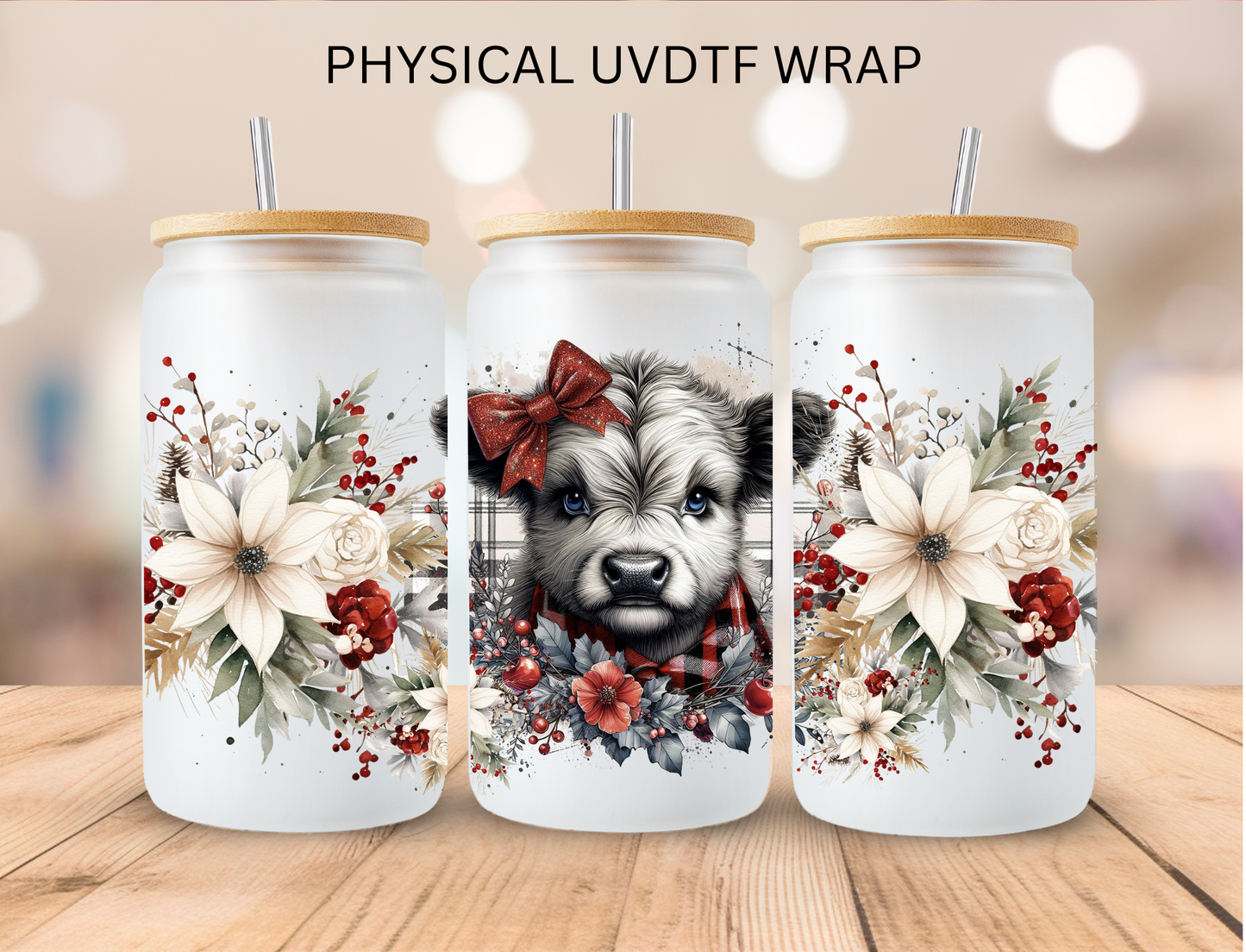 Christmas Floral Cow - 16 oz / 20 oz Libby UV DTF Wrap