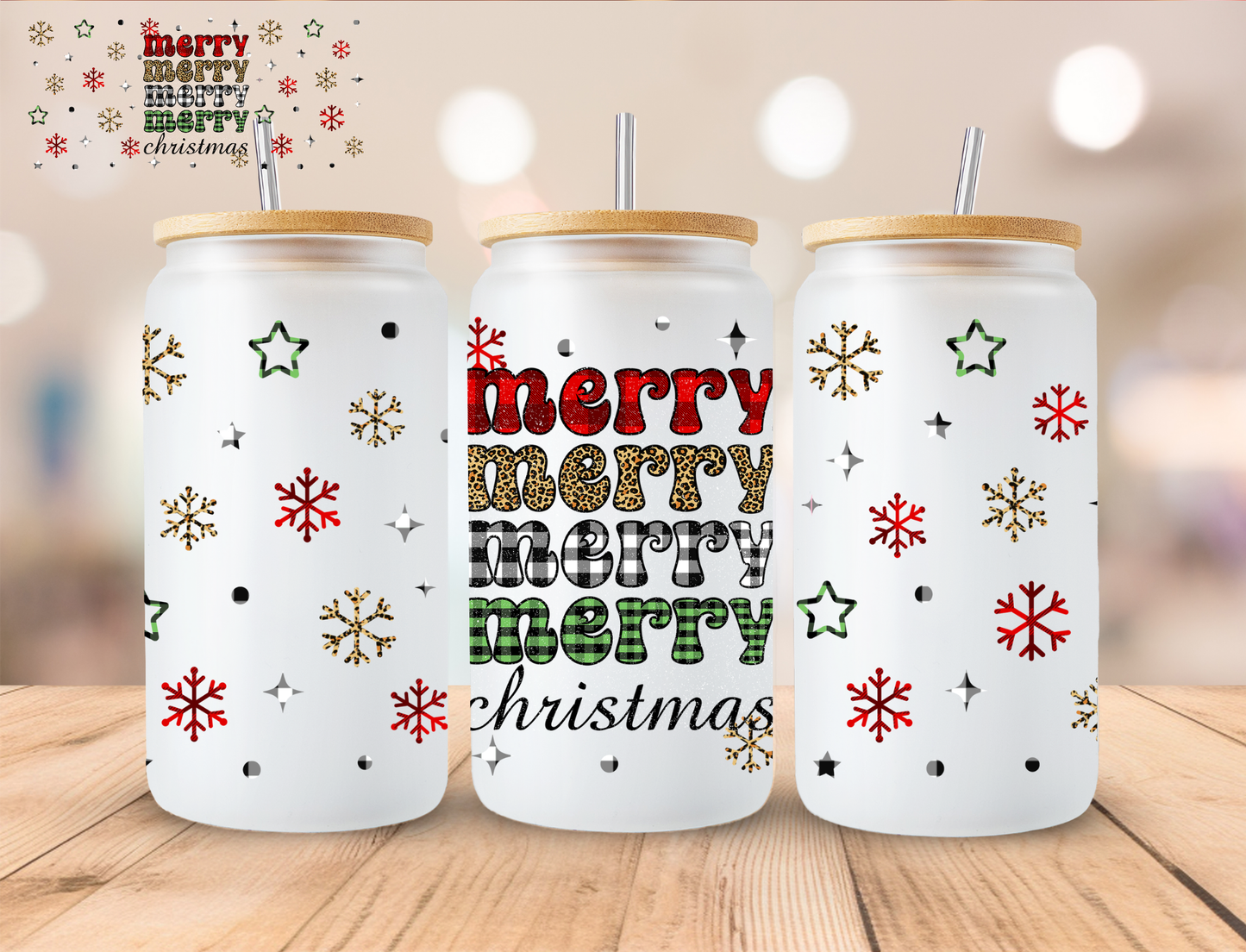 Merry Merry Merry Meryy Christmas - 16 oz / 20 oz Libby UV DTF Wrap