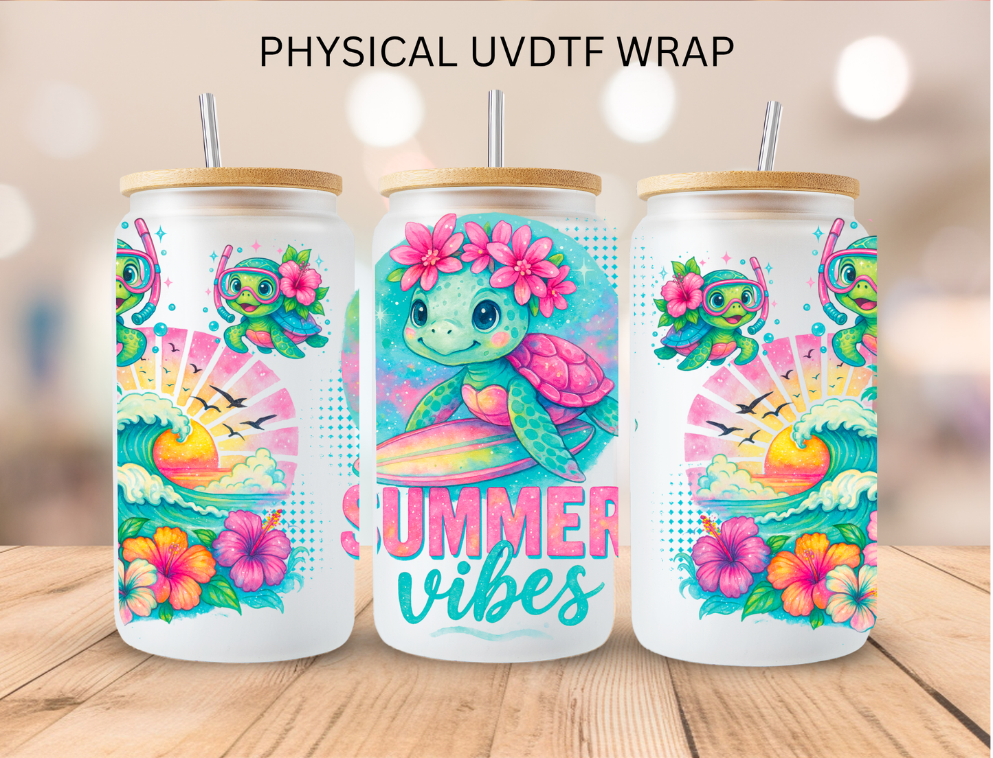 Pastel Turtle Summer Vibes - 16 oz / 20 oz Libby UV DTF Wrap