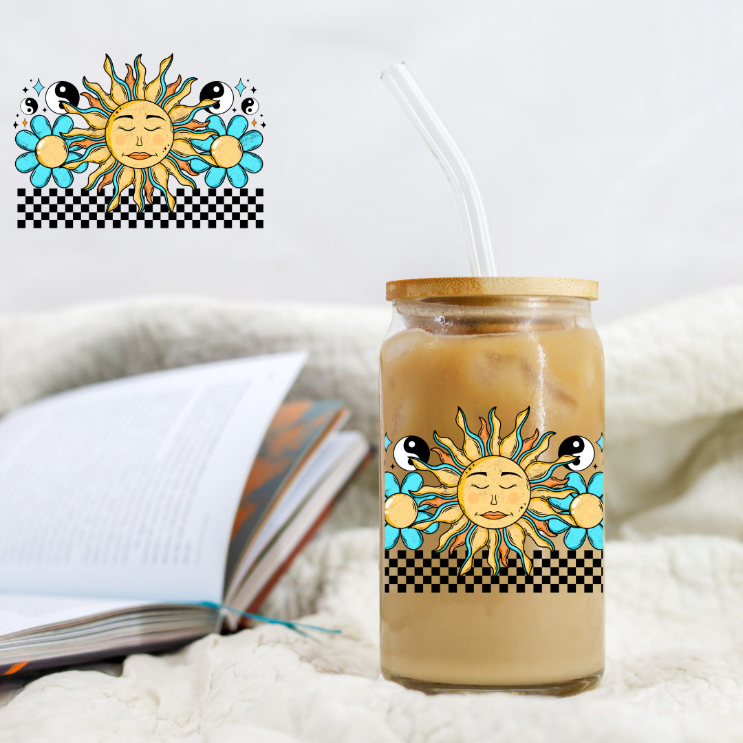 Blue Daisies Retro Smiling Sun - UVDTF decals EXCLUSIVE DESIGNER