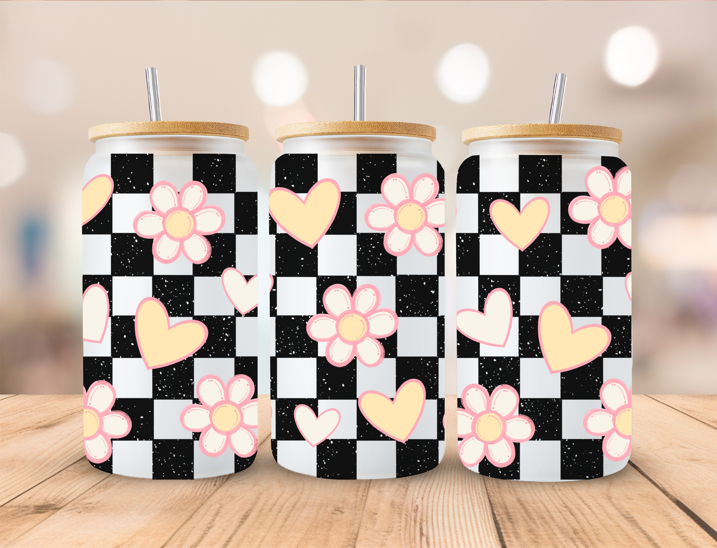 Checkered Boho Pink Hearts - 16 oz / 20 oz Libby UV DTF Wrap