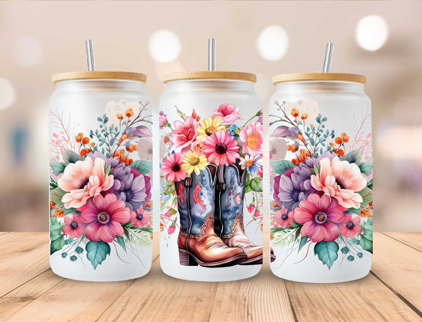 Floral Cowboy Boots - 16 oz Libby UV DTF Wrap