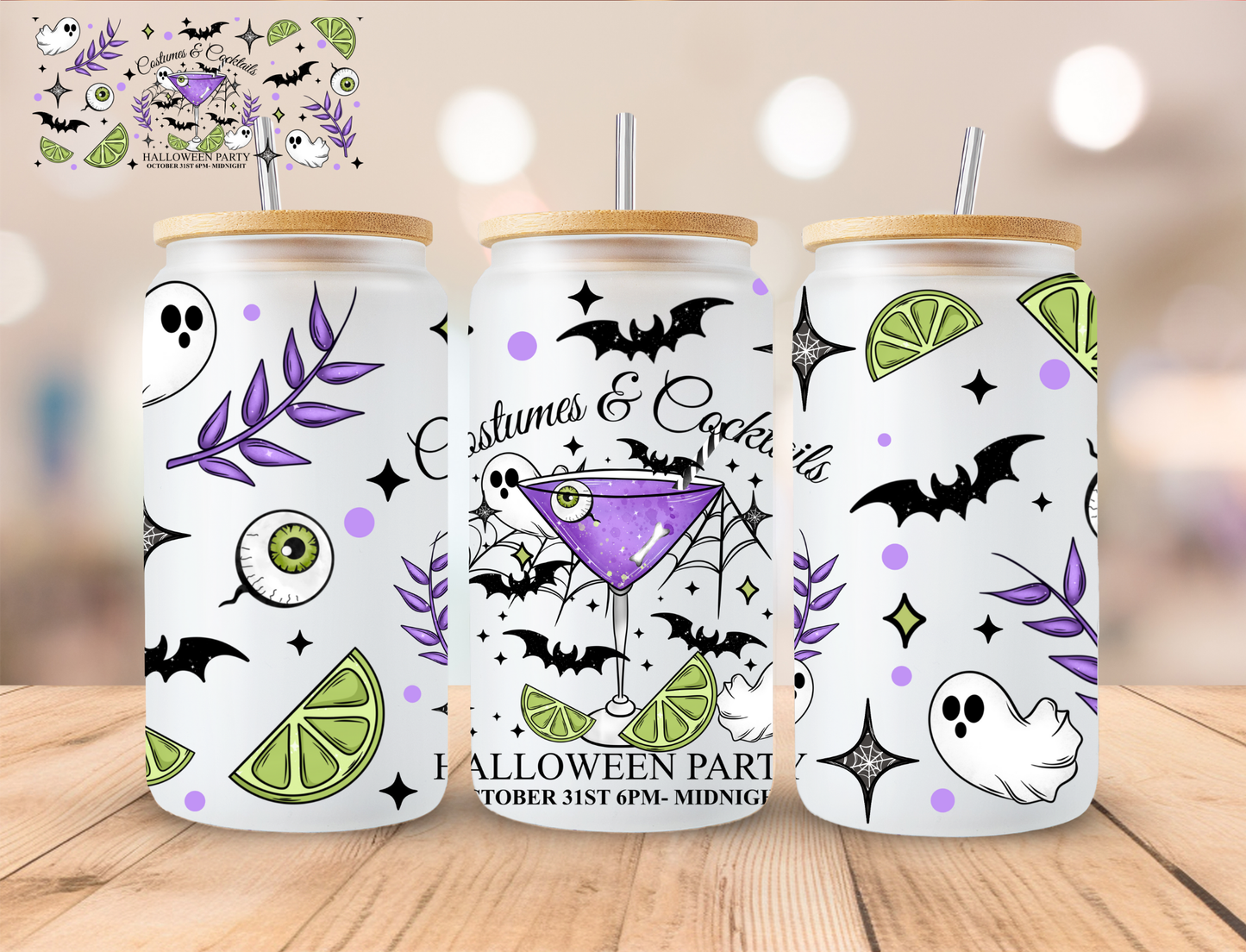 Halloween Costumes And Cocktails - 16 oz / 20 oz Libby UV DTF Wrap