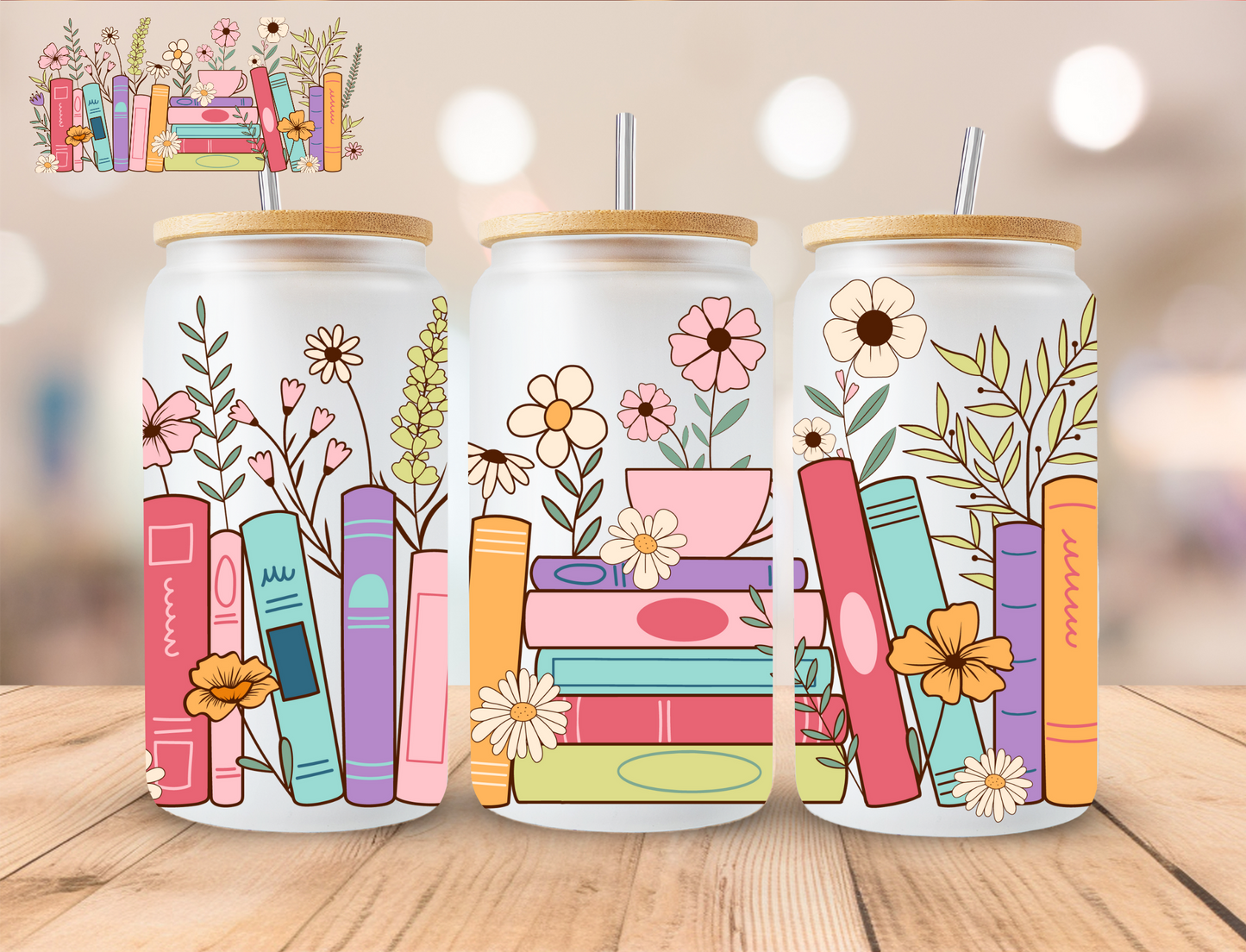 Floral Bookish - 16 oz / 20 oz Libby UV DTF Wrap