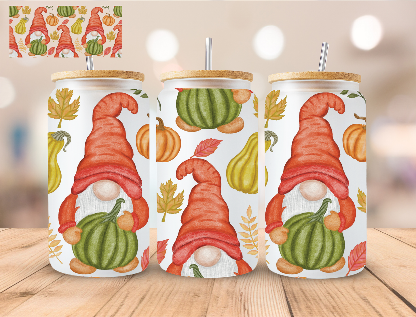 Fall Orange Gnomes - 16 oz / 20 oz Libby UV DTF Wrap