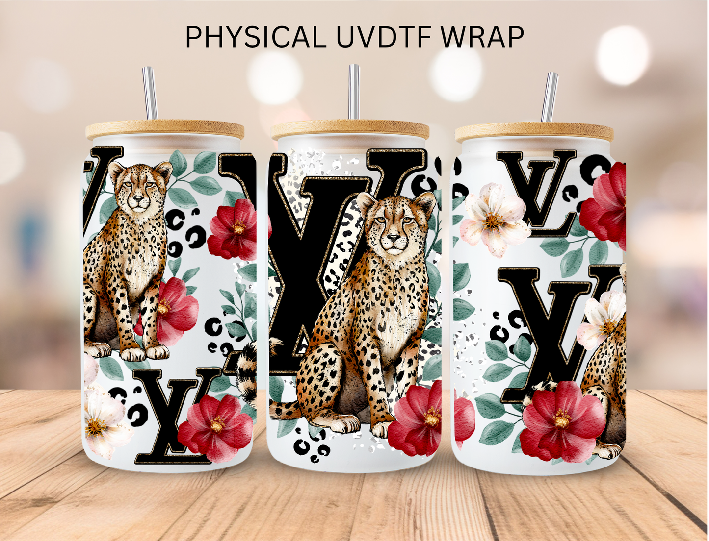 LV Floral Cheetah - 16 oz / 20 oz Libby UV DTF Wrap