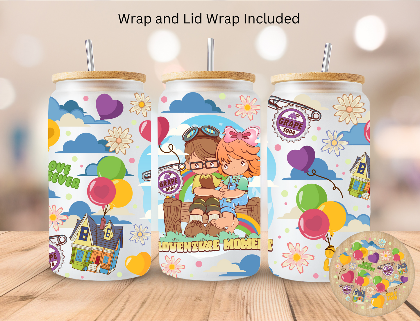 Balloon house Couple Adventure Moment - 16 oz / 20 oz Libby UV DTF Wrap and Lid Combo Bundle