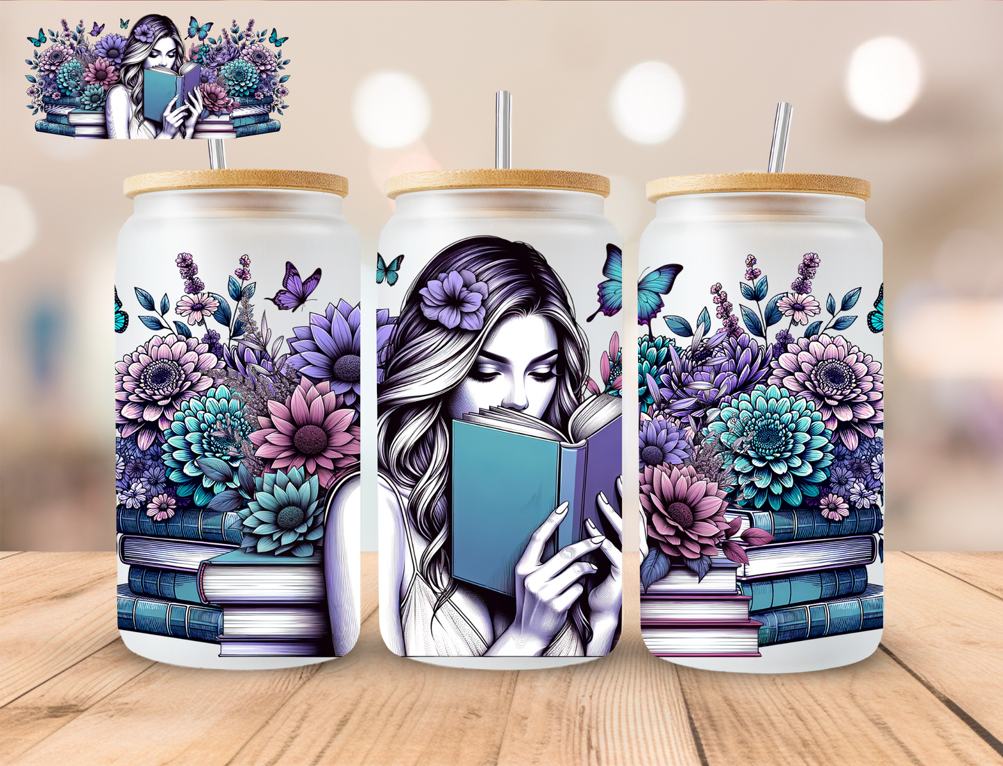 Girl Reading Books - 16 oz / 20 oz Libby UV DTF Wrap