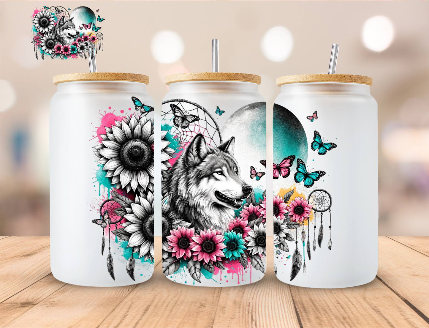 Floral Wolf - 16 oz / 20 oz Libby UV DTF Wrap